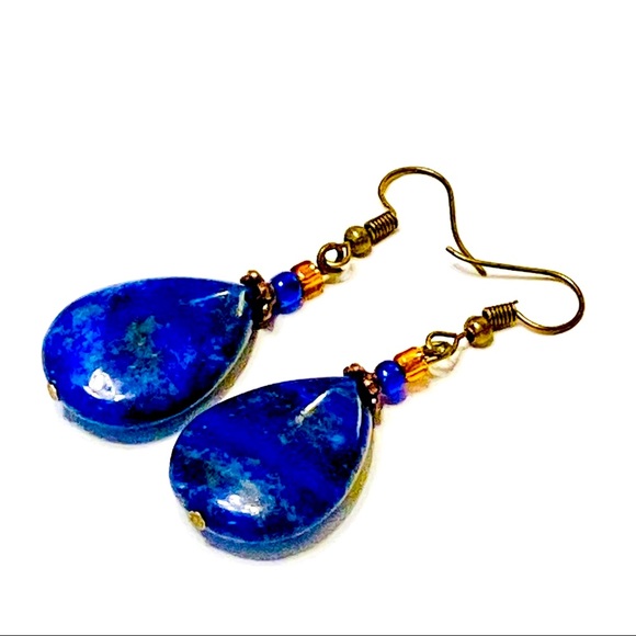 Bohemian LAPIS LAZULI Stone Earrings & Necklace w/ Sculpted Bronze Maple Leaf - Picture 10 of 14